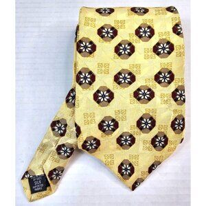Bill Blass Black Label Tie 100% Silk Geometric Floral Pattern Yellow Burgundy